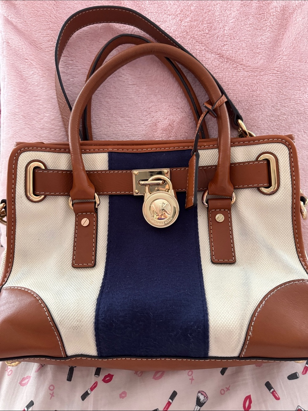 Michael Kors Hamilton East West Mono Stripe Canvas/Leather Nautical Satchel bag